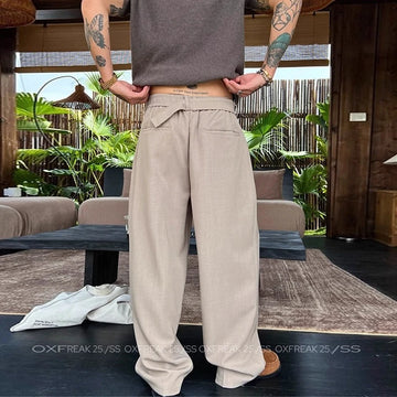 New Retro Fashion Men Suit Pants Light Luxury Draped Baggy Belt Button-down Solid Color Straight Trousers Elegant Dress Pants